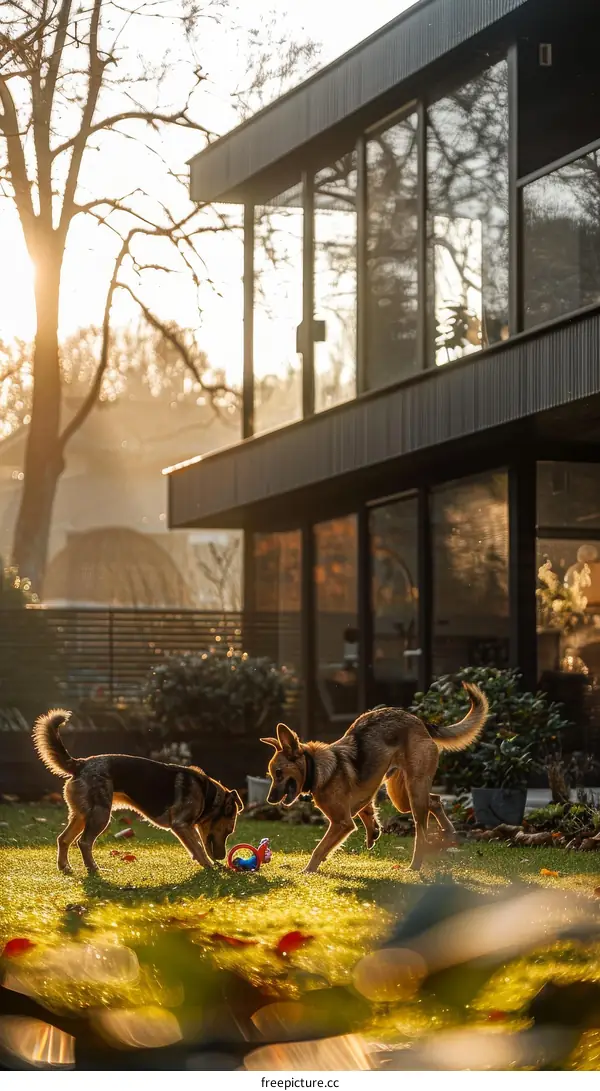 Two dogs playing in the backyard of a modern house