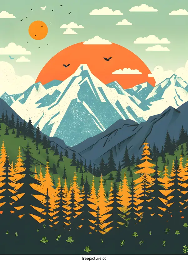 Mountain Landscape with Sun and Birds