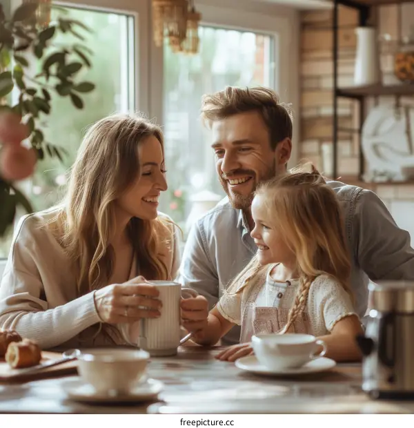 Happy family of three enjoying breakfast in the kitchen