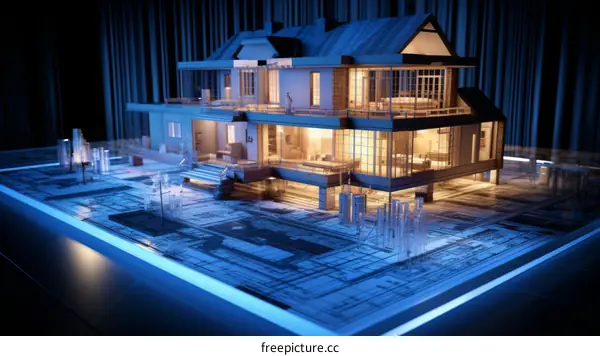 A 3D rendering of a modern house with a blueprint