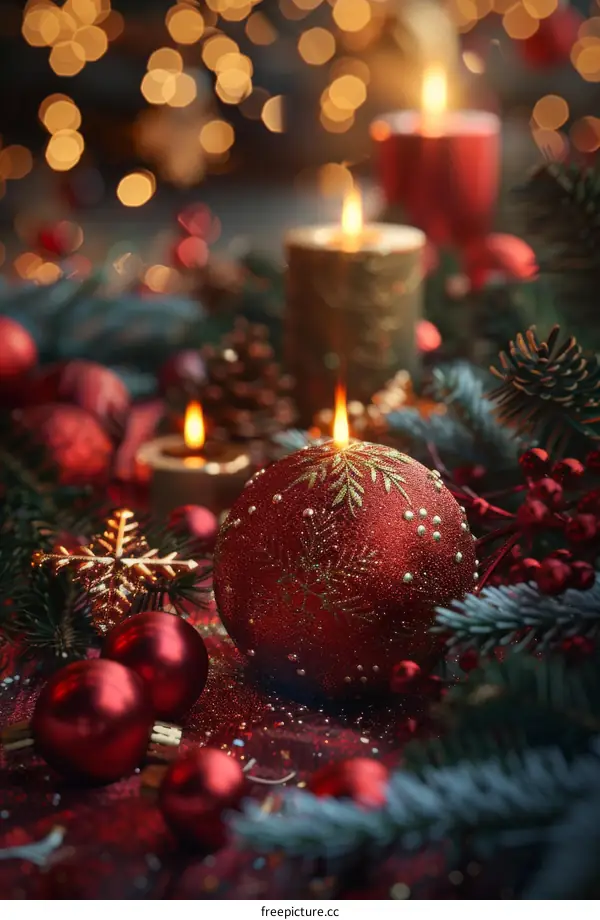 Red and Gold Christmas Ornaments with Candles and Pine Cones