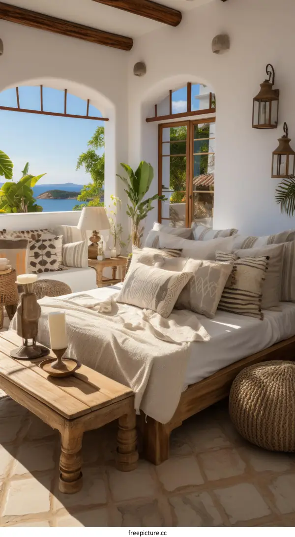 Modern coastal home interior design living room with white walls and large windows