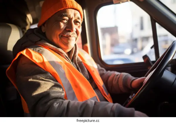 Portrait of a smiling Asian man driving a truck