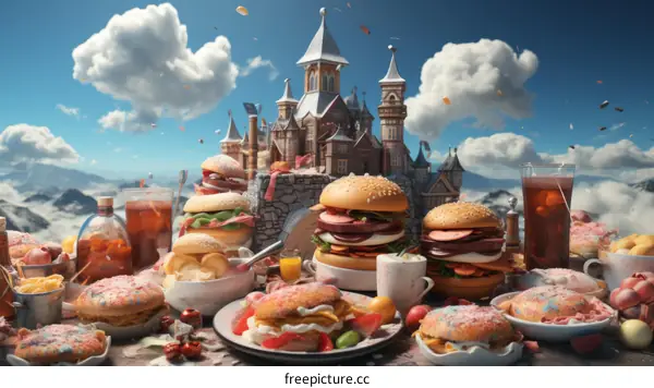 A table full of food with a castle in the background