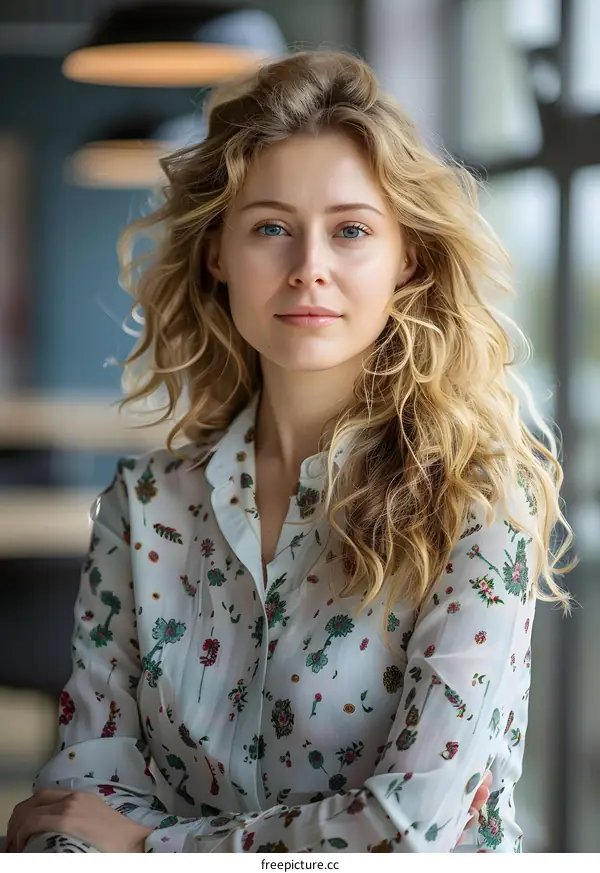 portrait of a blonde woman in a floral blouse