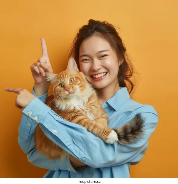 Asian woman hugging orange cat and pointing finger