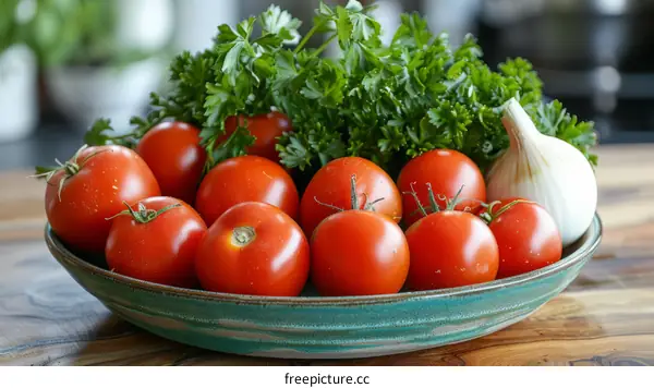 A bowl of fresh tomatoes and parsley