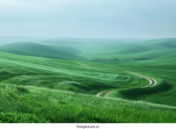 Green rolling hills with a winding road