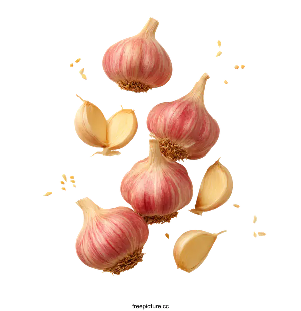 [Transparent Background PNG]Fresh Garlic Heads and Cloves in Creative Composition