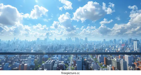 An aerial view of a large metropolis with towering skyscrapers and a clear blue sky