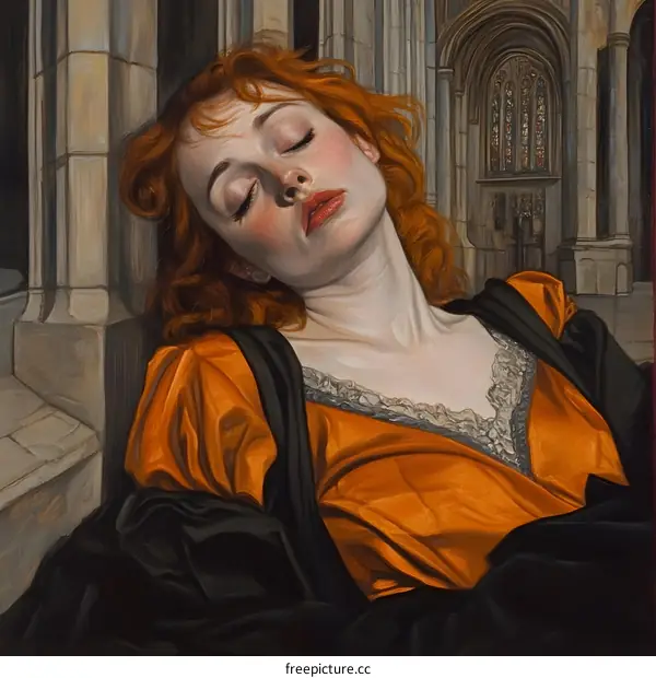 Woman with Red Hair Sleeping Against a Column in a Church