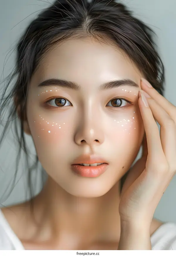 Close Up Portrait Of Young Asian Woman With White Dots Makeup