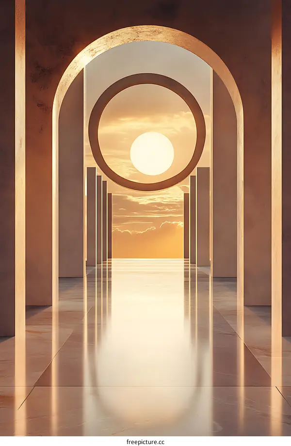 Abstract Architecture with Circular Window and Sunset View