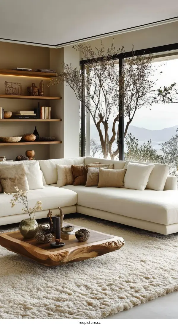 Modern Beige Living Room Interior Design with Wooden Coffee Table