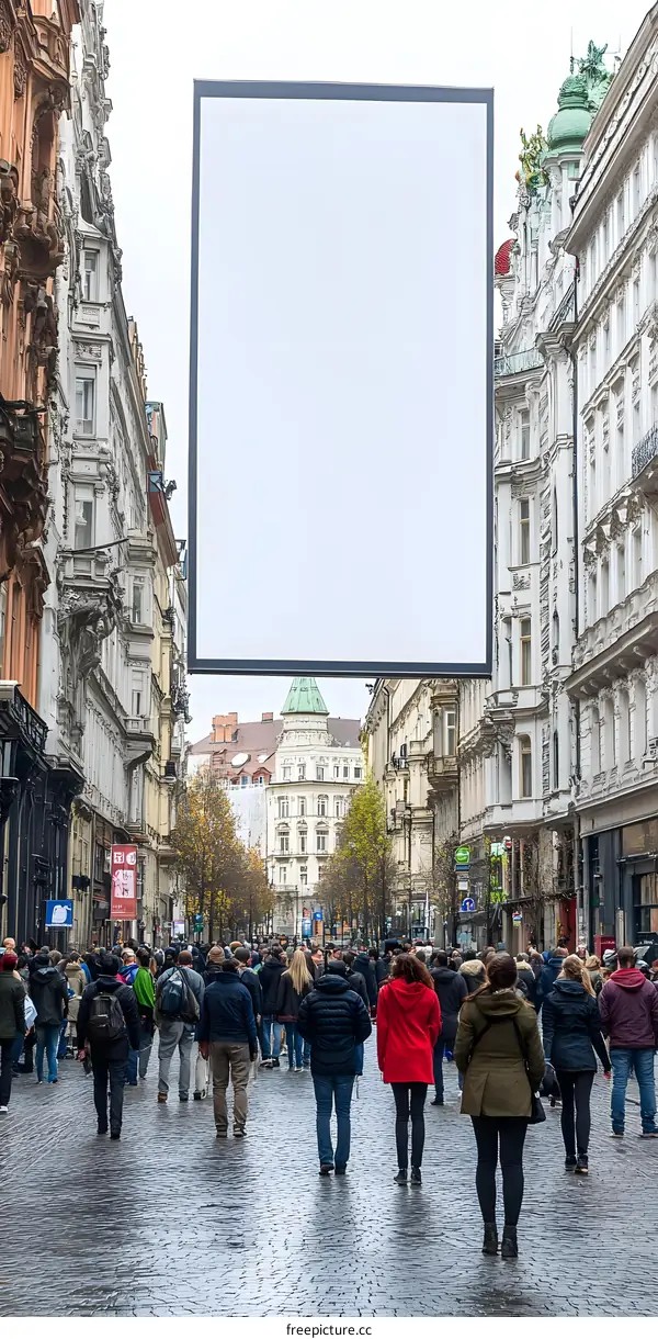 Blank Billboard In European City Street With People Walking