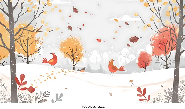 Winter Forest Landscape with Birds