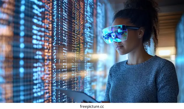 Woman in VR Headset Viewing Digital Data Wall