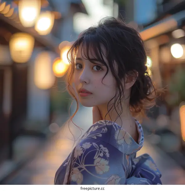 Japanese Woman in Traditional Dress at Dusk