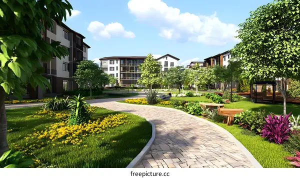 Beautiful Garden Path Design for Modern Apartment Complex