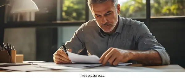 Serious Man Looking At Documents In His Home Office