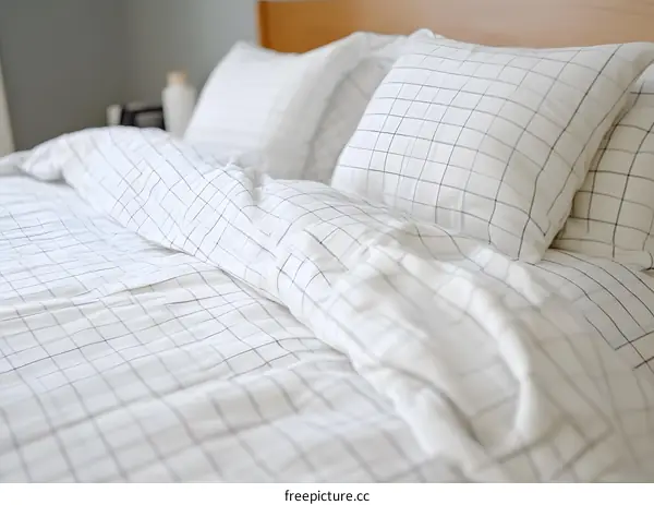 Close Up of White Bed Sheets with Black Grid Pattern