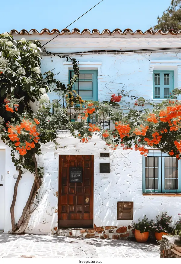 A beautiful Spanish style house with blue doors and windows