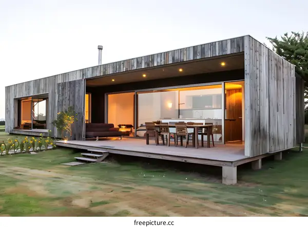Modern Wooden House with Deck and Grass Lawn