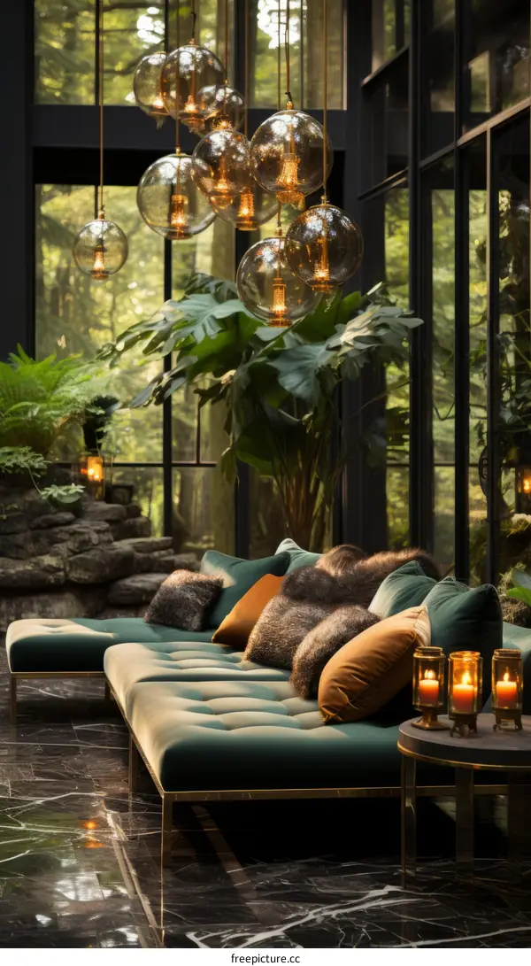 Modern living room interior with green sofa and large windows