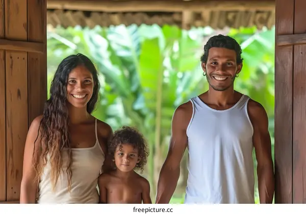 A happy family of three standing in a doorway