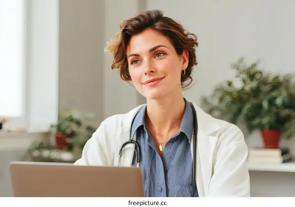 Female Doctor Working on Laptop in Clinic