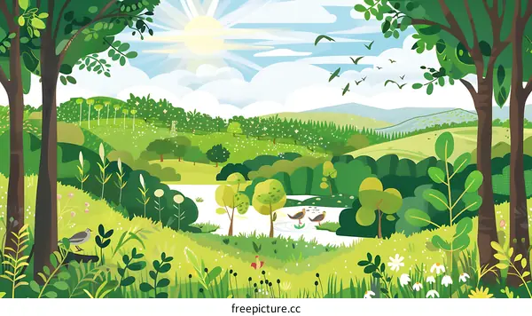 Beautiful Summer Landscape Illustration With Lush Green Trees and Blue Sky