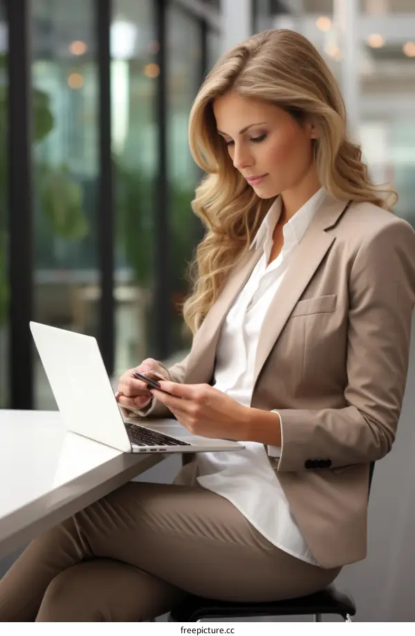 businesswoman working on laptop and mobile phone