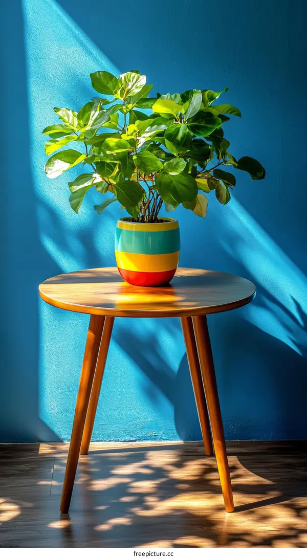 Wooden Table with Colorful Potted Plant in Sunny Room