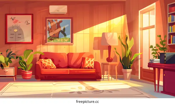 Living Room Interior With Sofa And Plants Cartoon Illustration