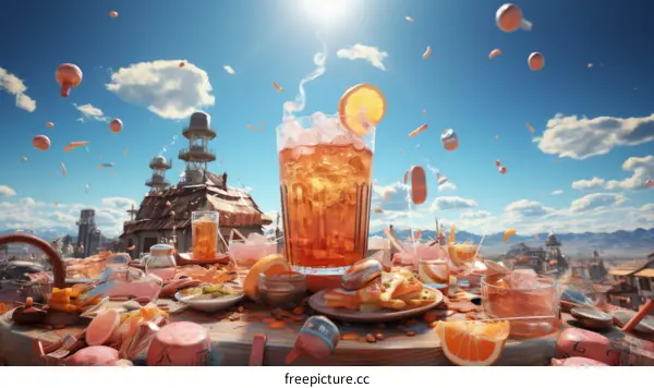A table full of food and drinks with a large glass of iced tea in the center