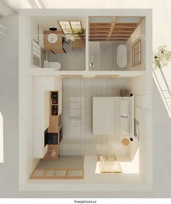 Small Apartment Floor Plan Design With Kitchen, Bathroom, Bedroom