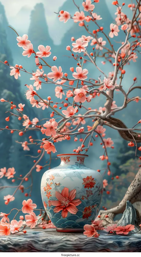 Elegant Vase with Blossoms in a Serene Setting