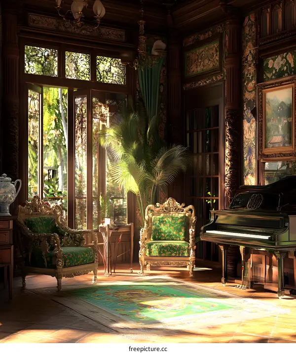 Elegant Vintage Interior Design with Piano and Green Accent Chairs