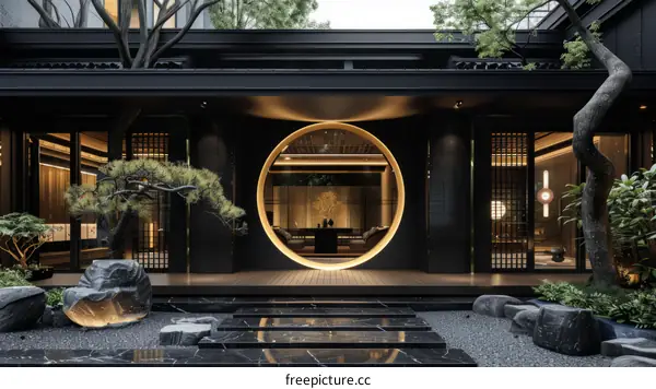 Black and White Modern Chinese Courtyard House with Circular Golden Door