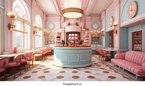 pink and blue pastel color scheme cafe interior design