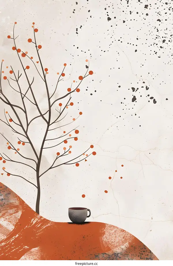 Minimalist Art Illustration of a Tree with Red Berries and a Cup of Coffee
