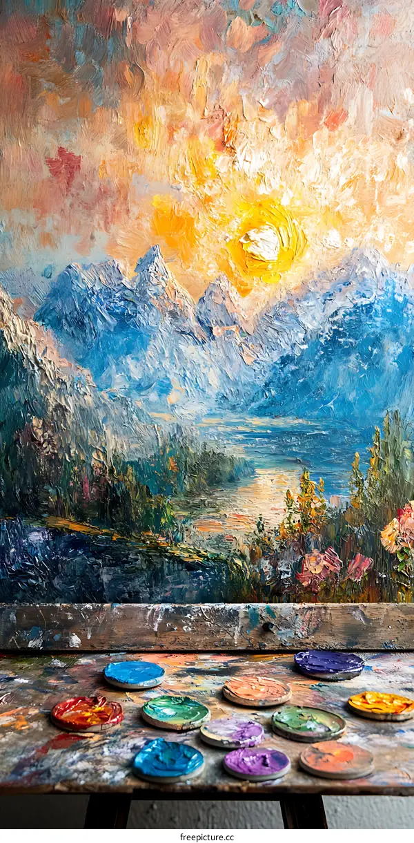 Oil Painting Canvas On Easel With Palette And Paints