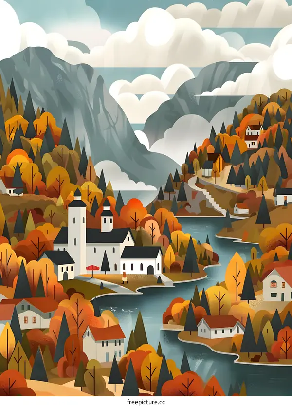Autumn Landscape Illustration with Village and River