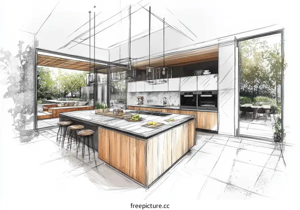 Modern Kitchen Design Sketch Outdoor View