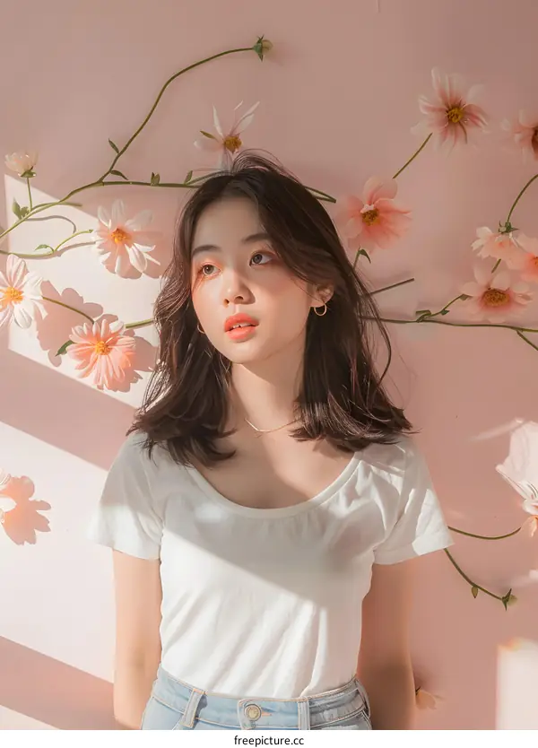 Portrait of a Young Asian Woman with Flowers on Pink Wall