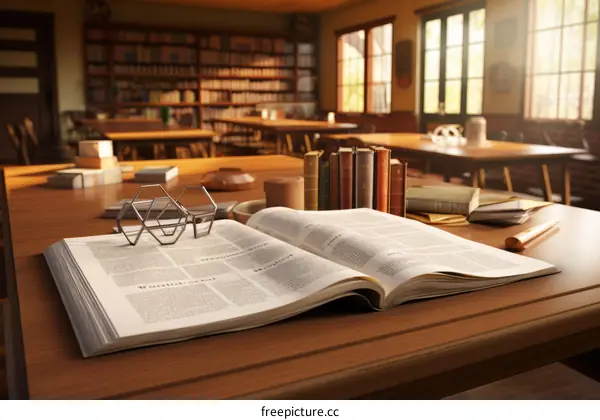 Vintage books on a wooden table in a library