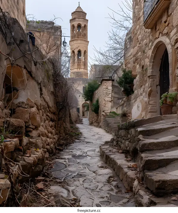 Stone Path Leading to Bell Tower in Old Town