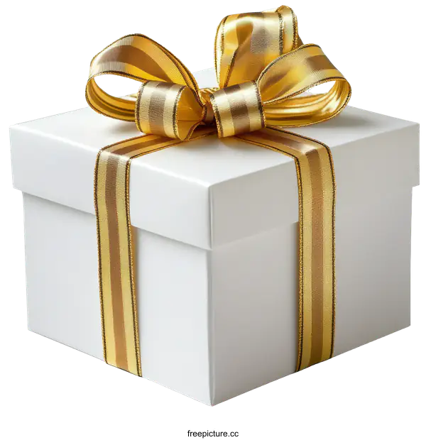 [Transparent Background PNG]White Gift Box with Golden Ribbon