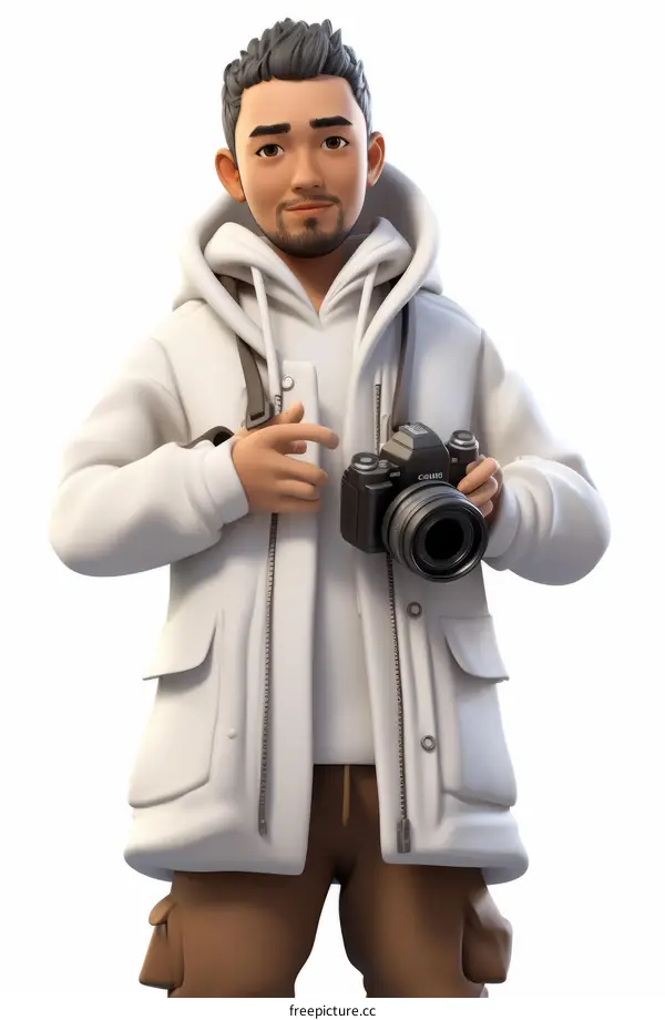A 3D rendering of a young male photographer holding a camera