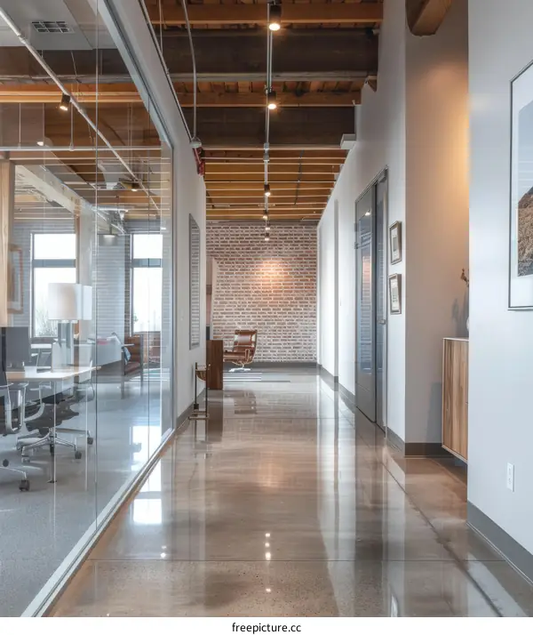 Modern office interior with brick wall and glass conference room